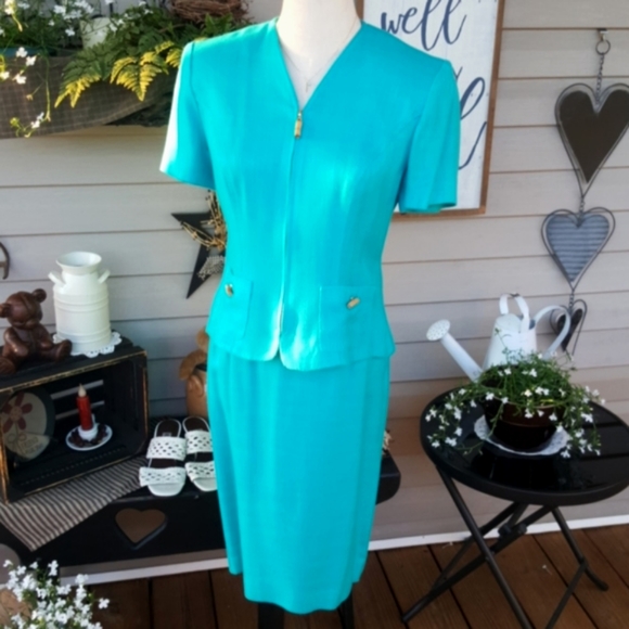 MAGGY LONDON PETITES ♡ Gorgeous Vintage Turquoise 2pc Bamboo Zip Front Suit 2P - Picture 9 of 16